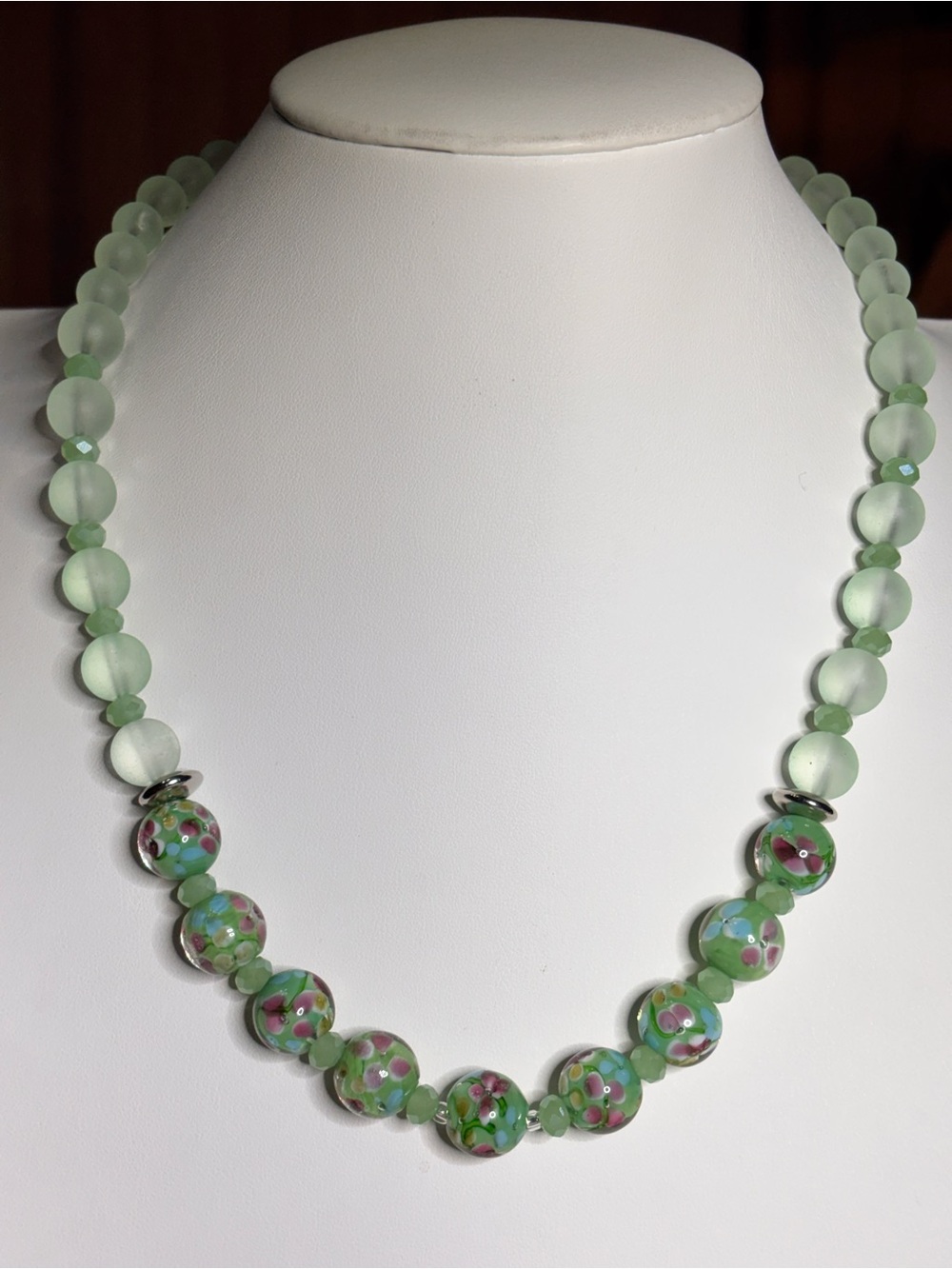 Handmade Green Floral Lampwork Glass Beaded Necklace - Women's Jewelry 19 inches